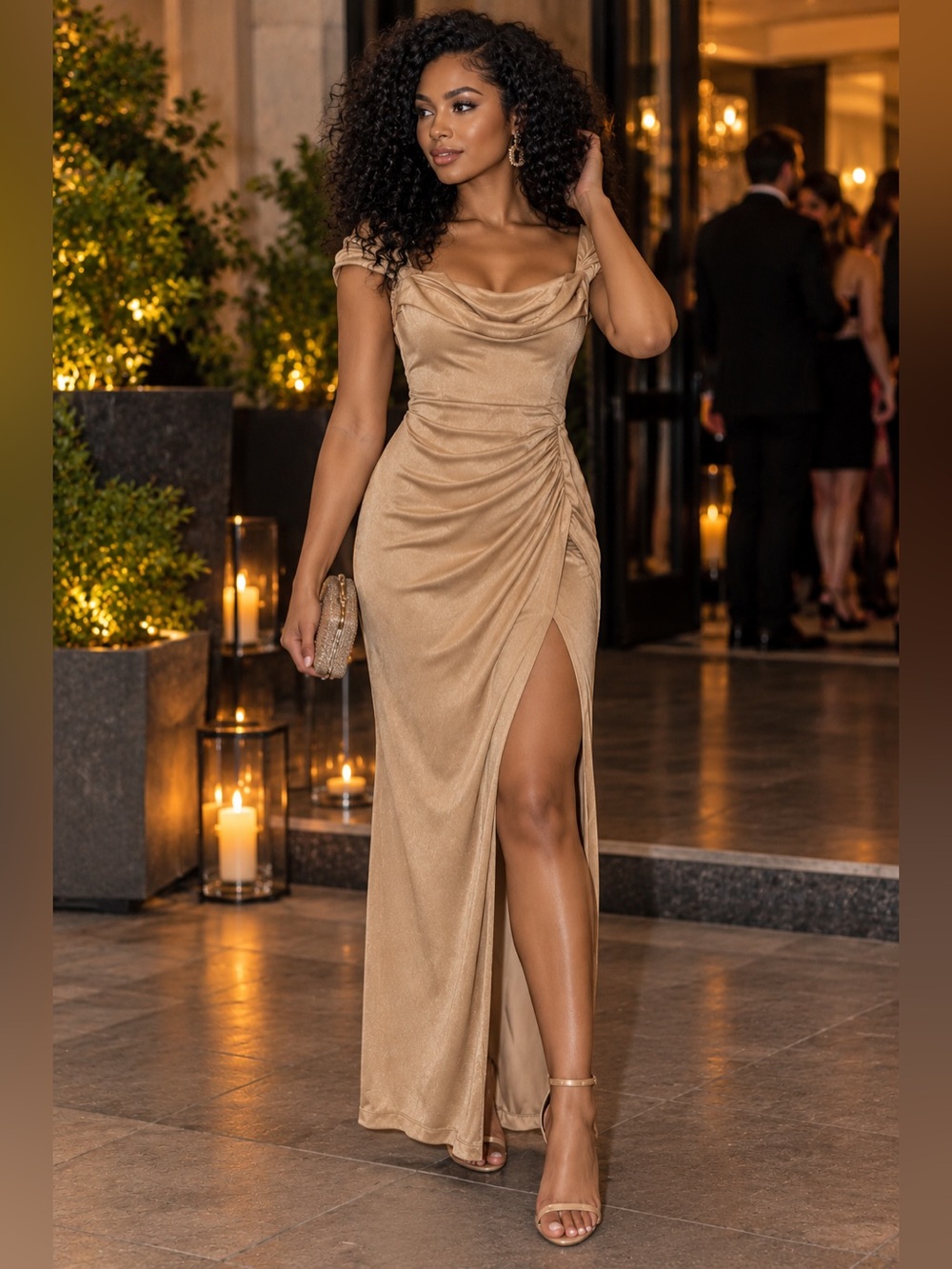 Gold Draped Cowl-Neck Maxi Dress with Side Ruched Slit